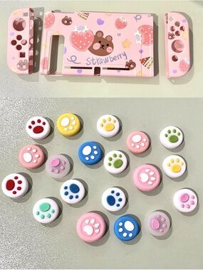 Nintendo Switch 🍓🐻 Strawberry Bear Case Pink Kawaii Thumb Joystick Grips Set